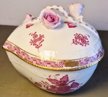 HERENDI APPONYI MINTÁS PORCELÁN INDAVIRÁGOS- RÓZSAFOGÓS BONBONIER /HIBÁTLAN/