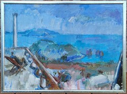 Szikra János (1921 - 2009) Tengerpart ( Capri?) c. festménye EREDETI GARANCIÁVAL !