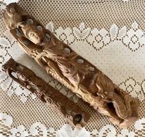 Kézzel faragott keleti áttört faszobor pár – Sárkány és Guanyin istennő, ritka (2 db)