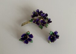 Antik Suffragette szüfrazsett violet ibolya szett bross és fülbevaló enamel tűzzománc zománc