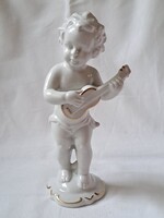 Régi német Wallendorf / Schaubach Kunst gitározó angyal puttó, porcelán figura