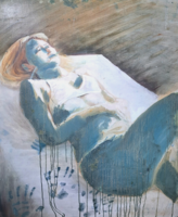 PÁDÁR NÓRA: Fekvő nő (nagyméretű olajfestmény 80x100 cm) modern, kortárs - misztikus nőportré