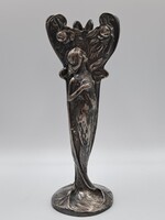 Antik szecessziós ón váza, Jugendstil RITKASÁG, Art Nouveau nőalakos díszítés, 1900, fémmunka