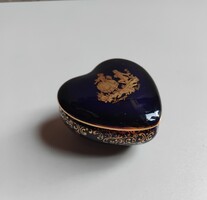 Jelzett kobalrkék porcelán szív alakú ékszeres doboz aranyozott szélekkel  díszítve