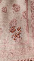 Cca 1918 12 DB ART NOUVEAU AZSÚROZOTT RÓZSASZÍN DAMASZT KORONA MONOGRAM TEXTIL SZALVÉTA KÉZIMUNKA