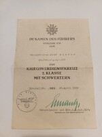 II. WW Német dokumentum - tanúsítvány 1944