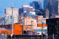 GYÖNYÖRű, EREDETI Baráth Judith (1950- ): Chicagó Highrise Buildings olaj, farost festmény keretezve