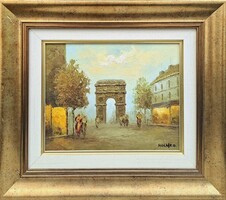 Gábor Molnár: Paris, Arc de Triomphe - Oil Painting in a Beautiful Frame! France, Colorful Street Scene
