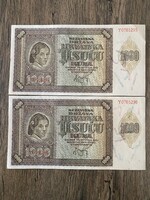 Horvátország 2 db Sorszámkövető 1000 Kuna 1941 XF+