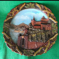 Antik kerámia falitál –Stolzenfels vára és a RajnaJelzett „Austria” domborműves 29 cm  1885-1910