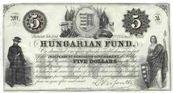 5 dollár 1852 Kossuth Philadelphiai kiadás "A" sorozat kézzel írt piros sorszám UNC