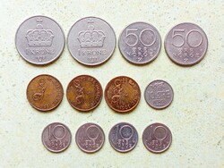 Norvégia 12 db Különböző Érme 10 50 Öre 1 Korona 1967-2001