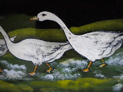 Reversed glass painting antique picture Geese in a row in vintage frame