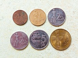 Szlovákia 6 db Különböző Érme 50 Halierov 1 2 5 10 Korona 1993-2000