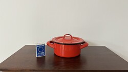 Enamelled Red Small Pot from Bonyhád with Lid