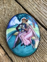 Antique Art Deco Silver Frame Hand-Painted Porcelain Brooch