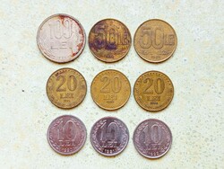 Románia 9 db Különböző Érme 10 20 50 100 Lei Lej 1990-1994