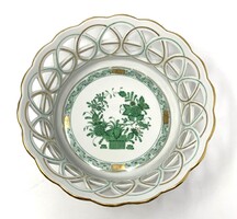 Herendi jelzett zöld indiai kosár mintájú áttört szélű porcelán asztalközép kínáló RZ