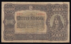 5000 korona 1923 nyomdahely nélkül (VG+)