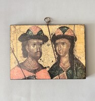 Szent Borisz és Gleb – Masszív, nehéz préseltfa ikon reprodukció az 1970-es évekből (18x25 cm)