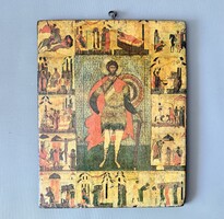 Szent György életjelenetekkel – Nagy méretű, masszív préselt fa ikon az 1970-es évekből (23x29 cm)