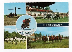 HORTOBÁGY - mozaik, postatiszta képeslap,1978., csikós, ló, lovak, fogathajtás, szürke marha