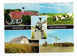 HORTOBÁGY - mozaik, postatiszta képeslap,1976., csikós, lovak, ménes, gémeskút, csárda, szürke marha