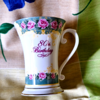 Elegáns angol PollyAnna csontporcelán 80. születésnapi emlékbögre