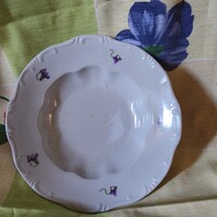 Ritka öttornyos Zsolnay ibolyamintás porcelán mélytányér pótlásra (1925–1950)