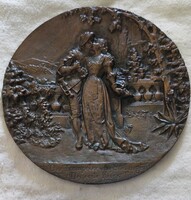 Antik nehéz vörösréz / bronz fali díszplakett - A säckingeni trombitás:Az első csók (24 cm, 72.8 dkg