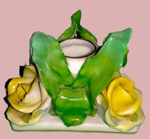 Gyönyörű antik HERENDI sárga rózsás porcelán gyertyatartó 10 x 7 cm HIBÁTLAN DARAB
