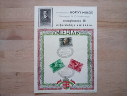 1940 Vitéz nagybányai Horthy Miklós 20. évforduló emléklap alkalmi bélyegzés