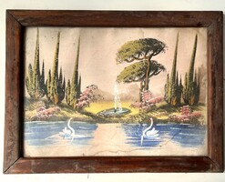 Retro naive painting – Swans in the park (Zorkóczy style, 1960s) in wooden frame