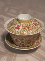 Sárga betűjeles "Mun Shou" kínai porcelán Gaiwan tea csésze Vintage