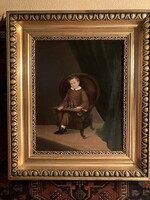 Antik Gyermek Portré XIX.sz közepe 40 x 50 cm. Biedermeier Kisfiú a katonáival 260804