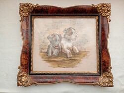 Kép kölyökkutyák részletes selyemkép - fakeret 31x28cm kép 23x19cm 1950- retro kiskutyák kutya