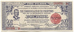2 peso pesos 1942 Fülöp szigetek Japán megszállás gerillapénz Negros Occidental military UNC