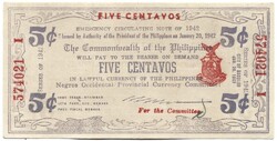 5 centavo centavos 1942 Fülöp szigetek Japán megszállás gerillapénz Negros Occidental military UNC
