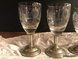 POHÁR- 5 db - FÉM - EZÜSTÖZÖTT TALP  - KRISTÁLY - 13 x 6 cm - ANTIK - HIBÁTLAN