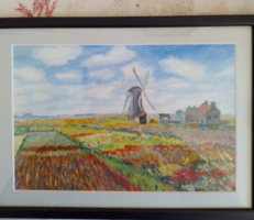Claude Oscar Monet: Tulipánmezők a rijnsburgi szélmalommal  festmény akril másolata