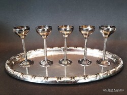 Antik art deco ezüstözött réz tálca + 5 db. talpas kupica
