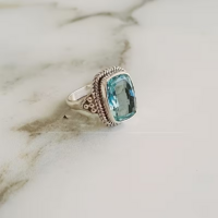 AQUAMARINE COLOR VERY BEAUTIFULLY CUT CUBIC ZIRCONIA TIBETAN SILVER STABLE RING
