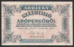 100 millió adópengő 1946 VF+