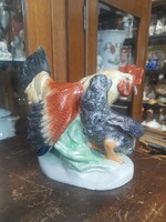 Ritka Kőbányai Porcelángyár 1954-1957/Drasche/Markup Béla,Kézi Festett,Kakas Tyúkkal Porcelán Figura