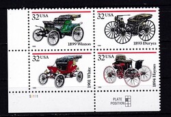 32¢ Antik Autók Scott 3020-3023 USA Amerikai 4-es Postatiszta Blokk 1995