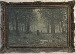 Ivan Ivanovics Siskin: Eső a tölgyerdőben – Antik nyomat, cirill betűs jelzéssel (1891)
