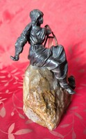 Loreley with Gold Harp. Exceptional Tin Statue on Crystal Base.