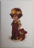 Képeslap, Gyerek macival,  Grafika: Füzesi Zsuzsa (K4)