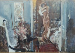 110x80cm ! Novák András (1936 - ) A Mások Helységében Képcsarnokos festménye EREDETI GARANCIÁVAL !