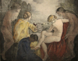 GYÖNYÖRŰ IVÁNYI GRÜNWALD BÉLA  / 1867-1940 / : FÜRDŐ AKT ,  SZÍNEZETT RÉZKARC